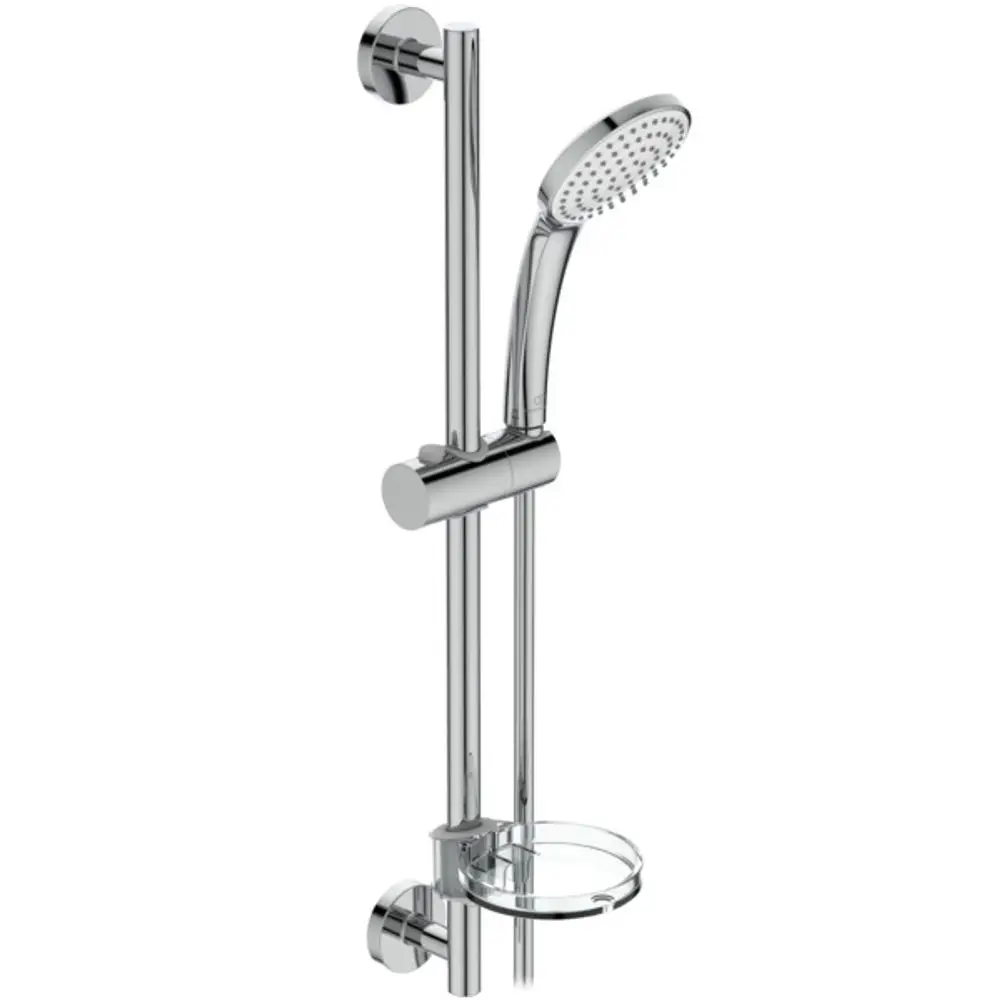 Brausekombination von Ideal Standard, bestehend aus einer Handbrause an einem höhenverstellbaren Stanger, mit einem Halter für Duschutensilien. Chromoberfläche.